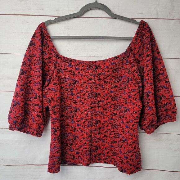 Free People Sunset Textured Puff Sleeves Cropped Top Womens size Large Boho - Picture 2 of 11